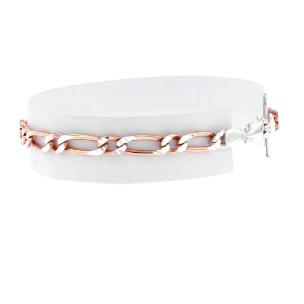 Ross Simons Diamond Cut Sterling Silver Rose Gold Figaro Bracelet - Picture 5 of 7
